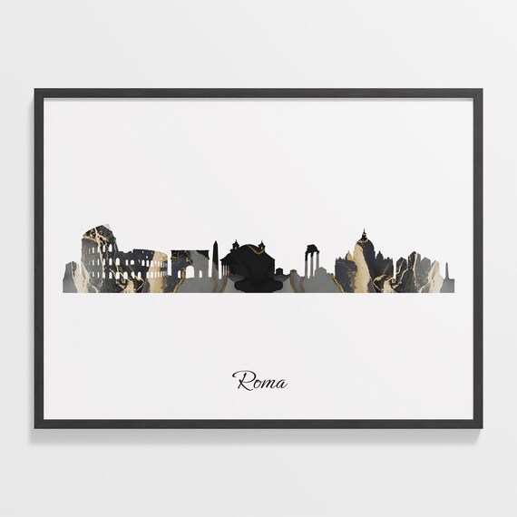Elegant Roma Italy Black Gold Marble Skyline Silhouette Print