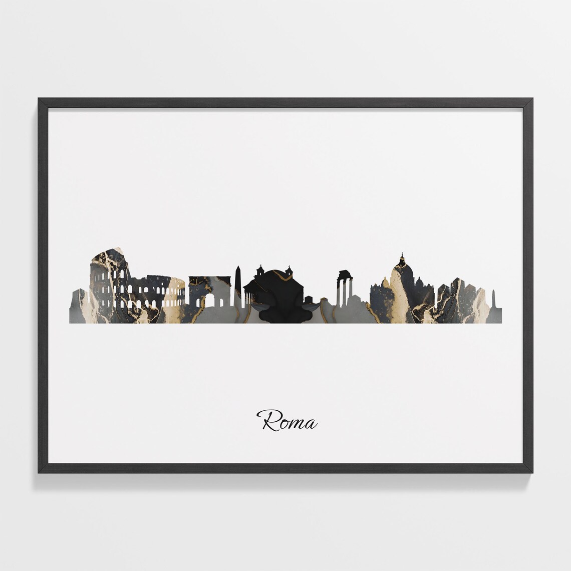 Elegant Roma Italy Black Gold Marble Skyline Silhouette Print