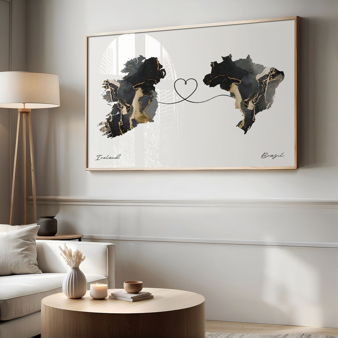 Ireland and Brazil Black Gold Marble Heart Connection Map Poster - Image 2