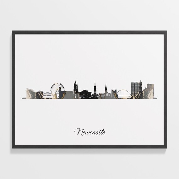 Newcastle United Kingdom Skyline Marble Black Gold City Art Poster