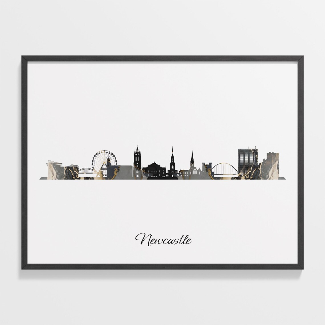 Newcastle United Kingdom Skyline Marble Black Gold City Art Poster