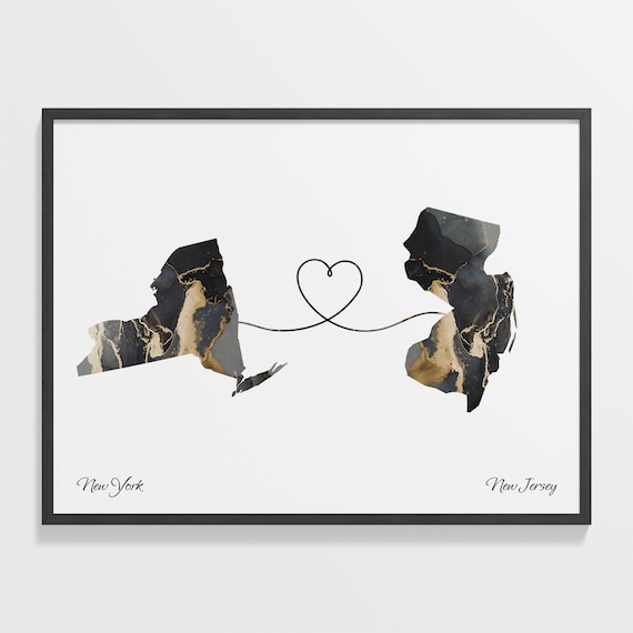 New York to New Jersey Marble State Map Heart Long Distance Connection Poster