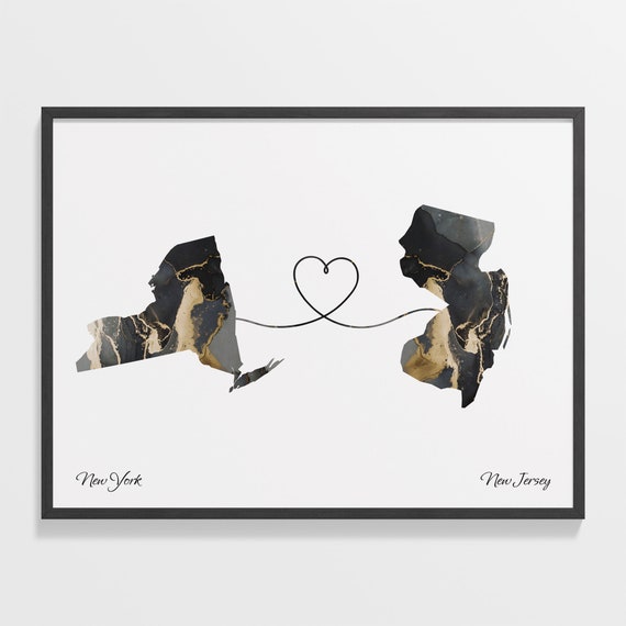 New York To New Jersey Print New Jerseyan Gift Marble Two Countries Map Poster Travel Art Borderless Love Map C22 1382