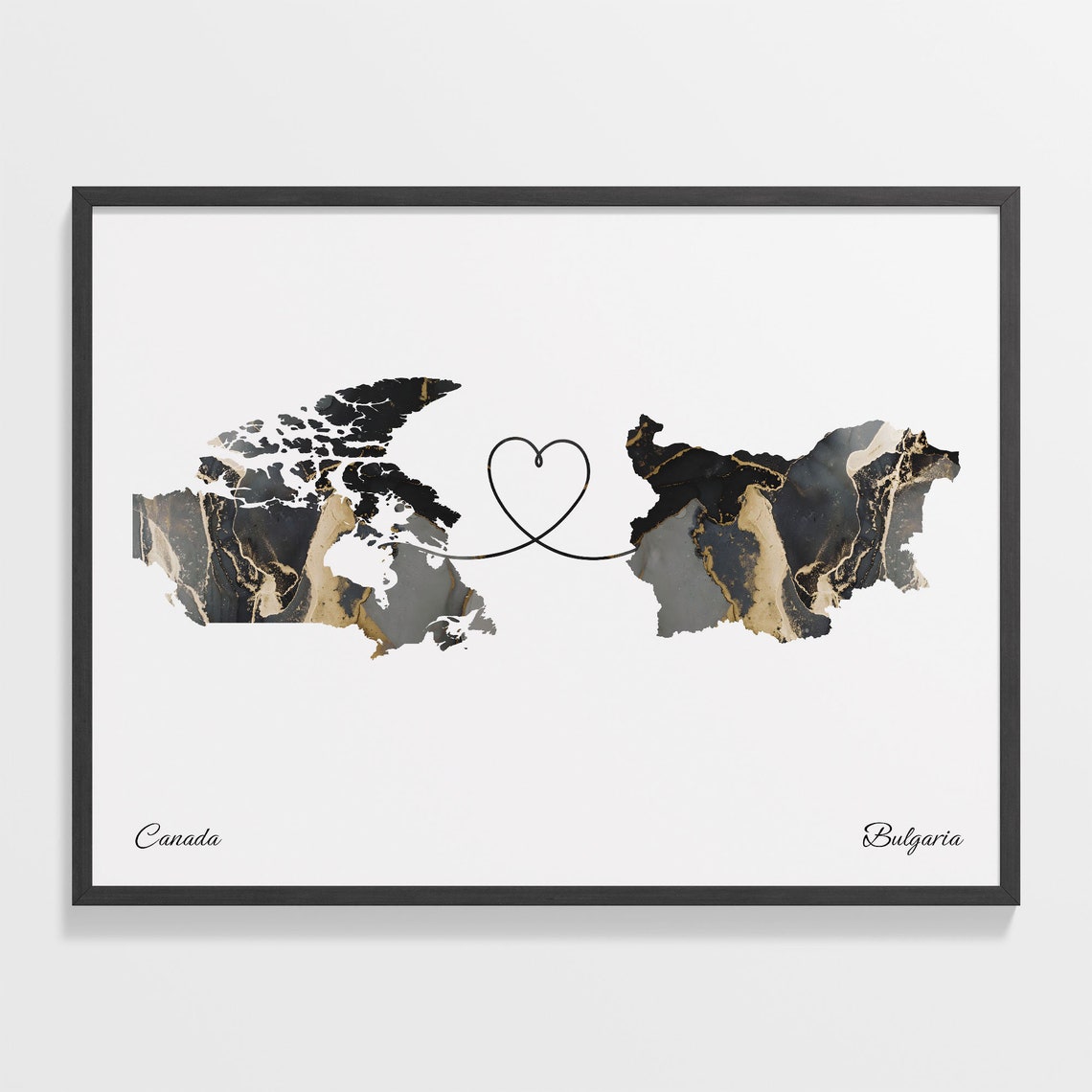 Canada and Bulgaria Black Marble Heart Connection Map Poster