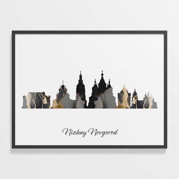 Nizhny Novgorod Russia Black Gold Marble Skyline Silhouette Cityscape Poster