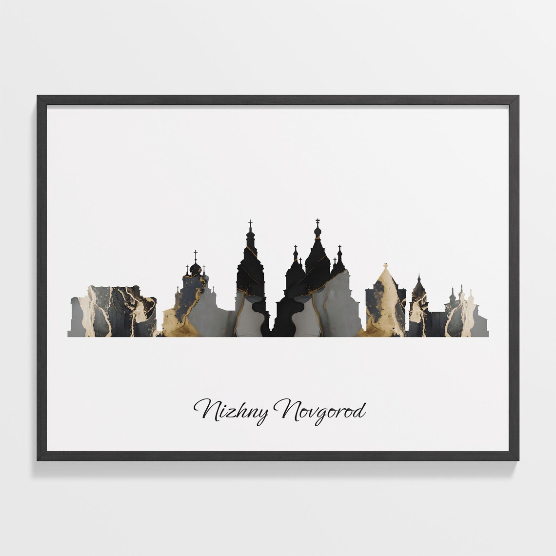 Nizhny Novgorod Russia Black Gold Marble Skyline Silhouette Cityscape Poster