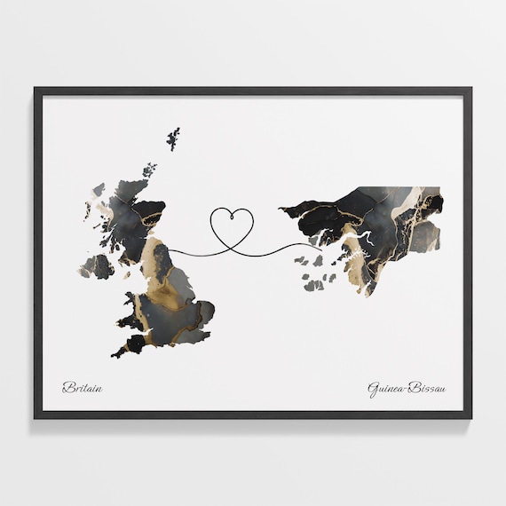 Britain to Guinea-Bissau Marble Heart Map Print Long Distance Relationship Gift