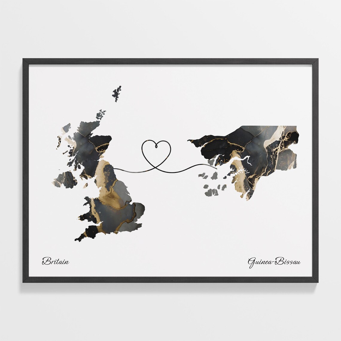 Britain to Guinea-Bissau Marble Heart Map Print Long Distance Relationship Gift