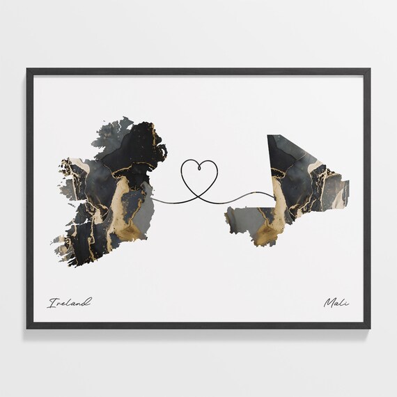 Ireland To Mali Modern Marble Effect Two Country Heart Map Poster