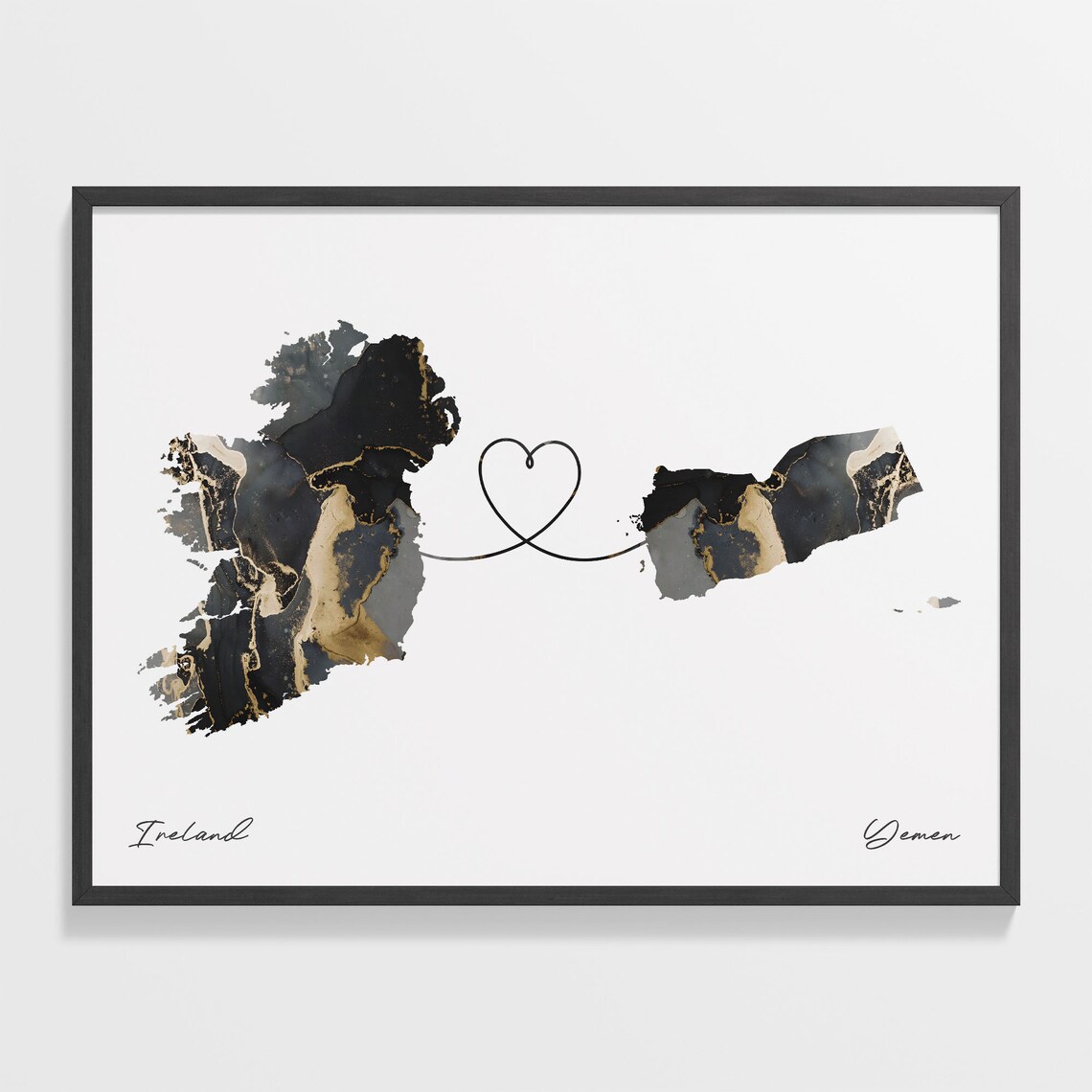 Ireland to Yemen Black Gold Marble Map Heart Line Art Poster