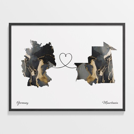 Germany and Mauritania Marble Heart Map Long Distance Love Print