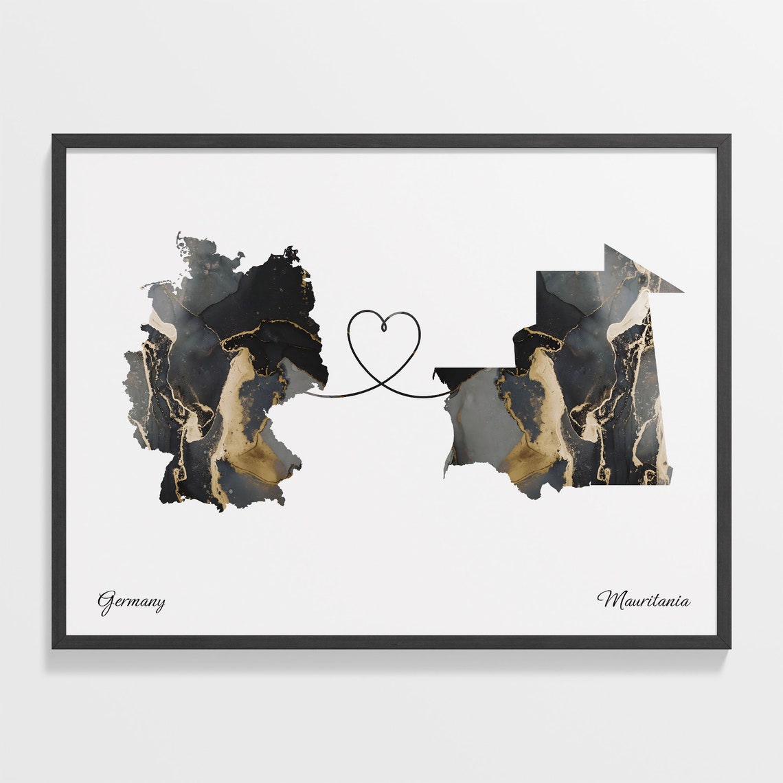 Germany and Mauritania Marble Heart Map Long Distance Love Print