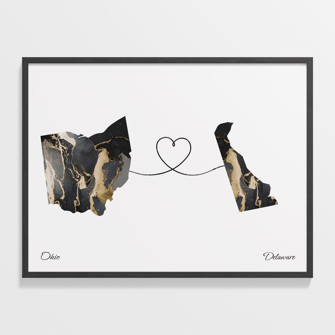Ohio Delaware Long Distance Black Gold Marble Heart Map Poster