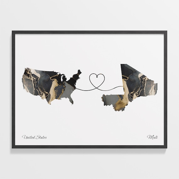 United States to Mali Black Gold Marble Heart Map Art Poster