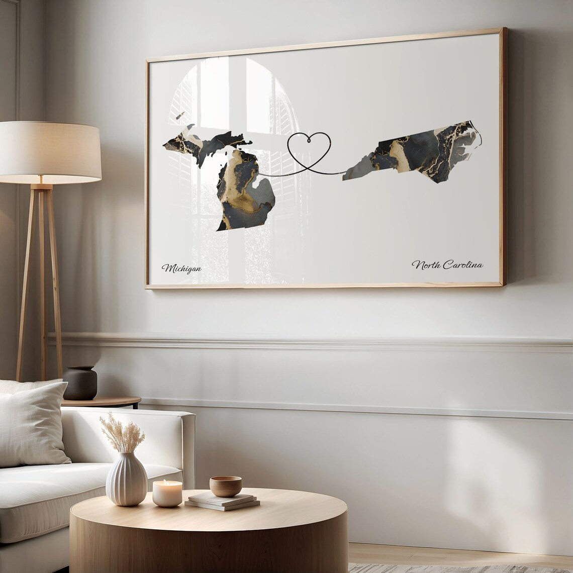 Michigan and North Carolina Black Gold Marble Heart Map Connection Poster - Image 2