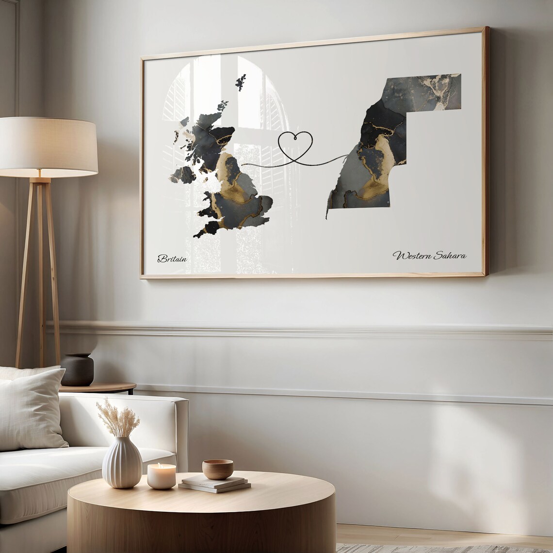 Britain and Western Sahara Heart Connection Black and Gold Marble Poster - Image 2
