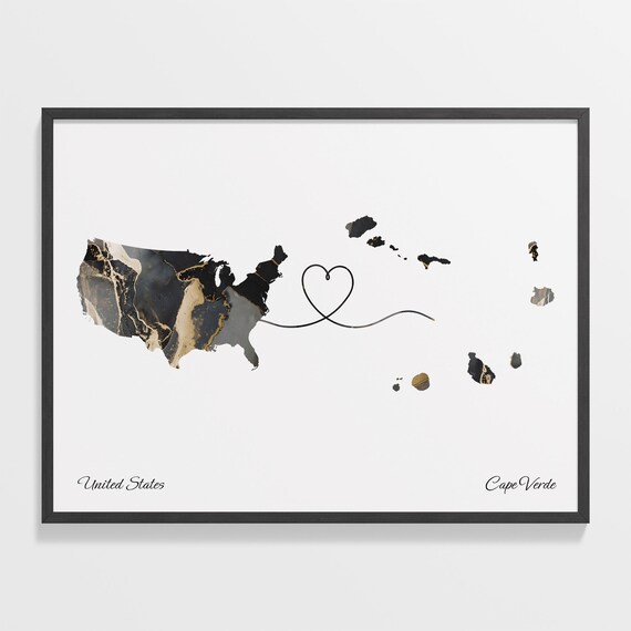 United States Cape Verde Black Gold Marble Map Art Heart Connection Poster