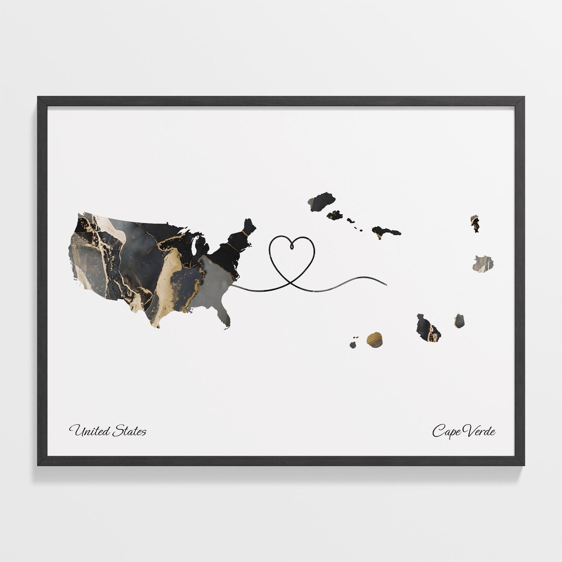United States Cape Verde Black Gold Marble Map Art Heart Connection Poster