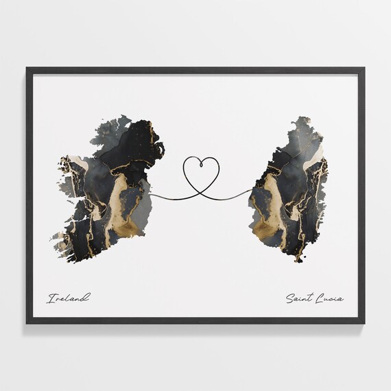 Ireland and Saint Lucia Black and Gold Marble Two Countries Map Poster