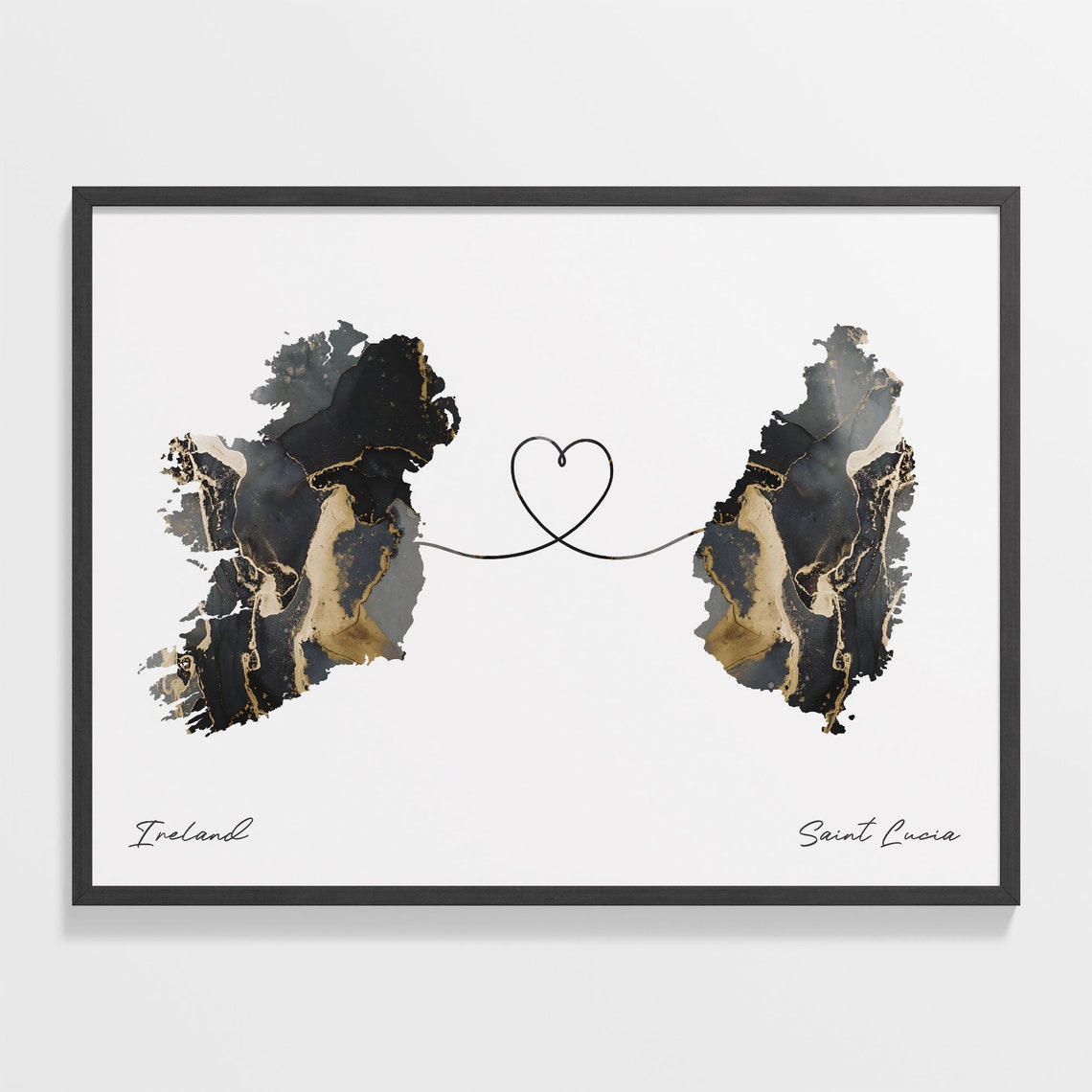 Ireland and Saint Lucia Black and Gold Marble Two Countries Map Poster