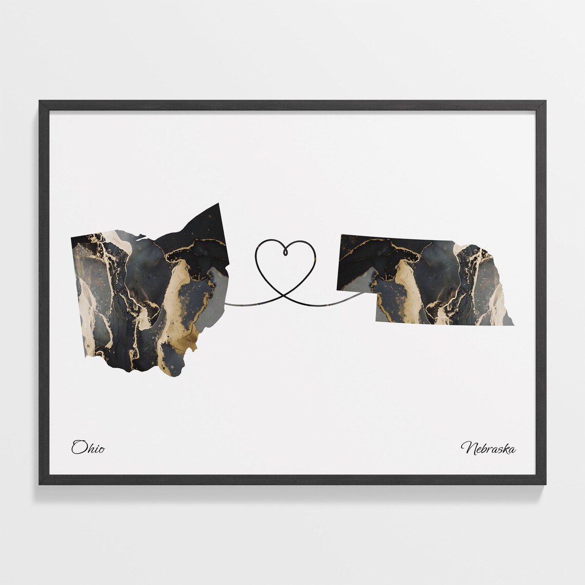 Long Distance Ohio to Nebraska Heart Connection Marble Map Poster