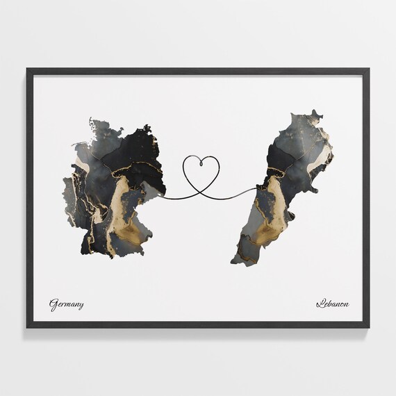 Germany and Lebanon Marble Heart Connected Countries Map Poster