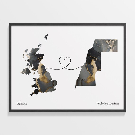 Britain and Western Sahara Heart Connection Black and Gold Marble Poster
