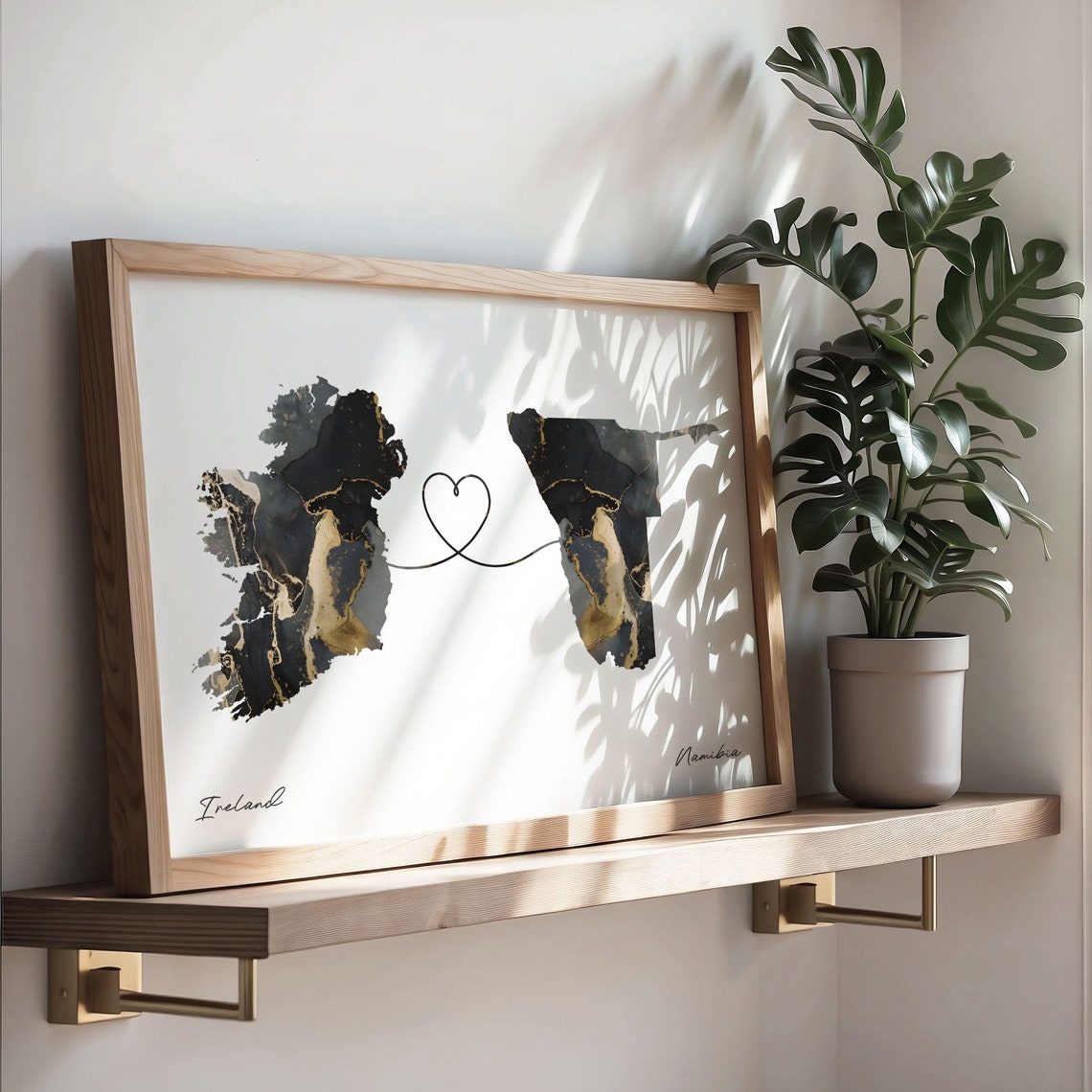 Ireland To Namibia Elegant Black Marble Two Country Heart Map Poster - Image 3