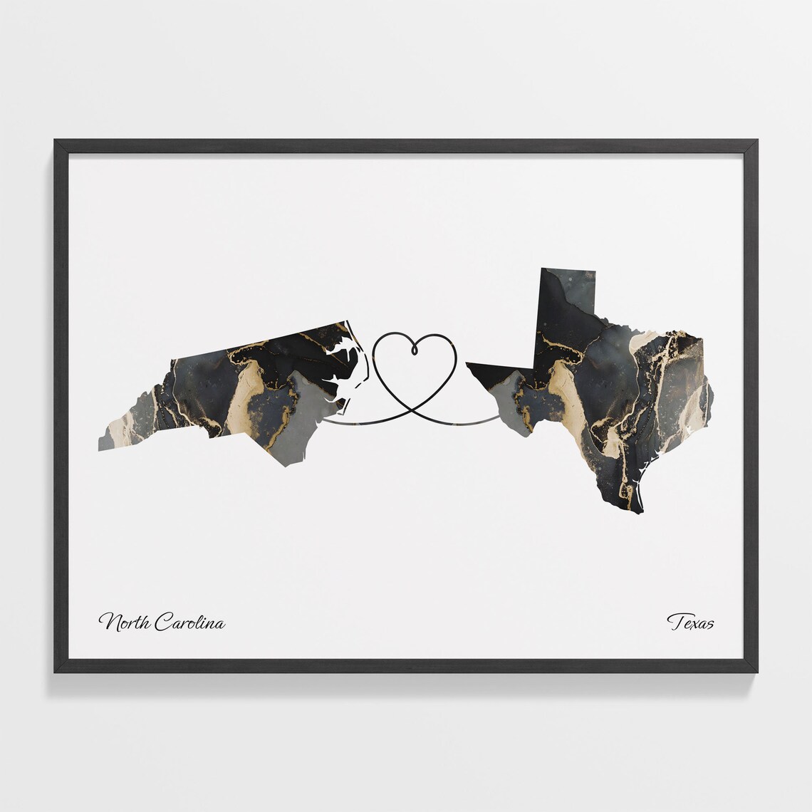 North Carolina and Texas Black Gold Marble Heart Connection Map Poster