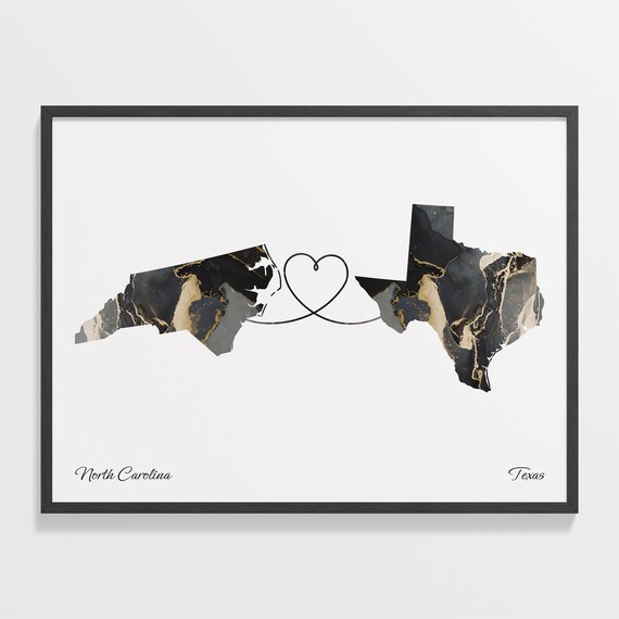 North Carolina and Texas Black Gold Marble Heart Connection Map Poster
