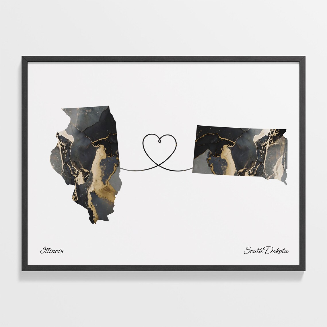 Illinois to South Dakota Black Gold Marble Map Heart Connection Poster