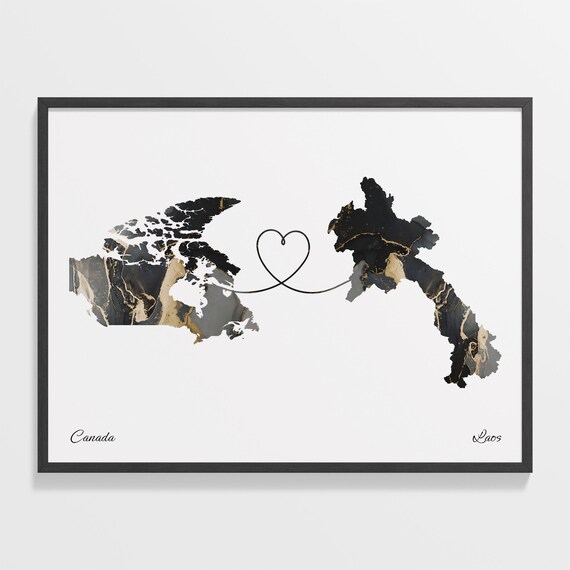 Canada to Laos Black Gold Marble Heart Connection Map Poster