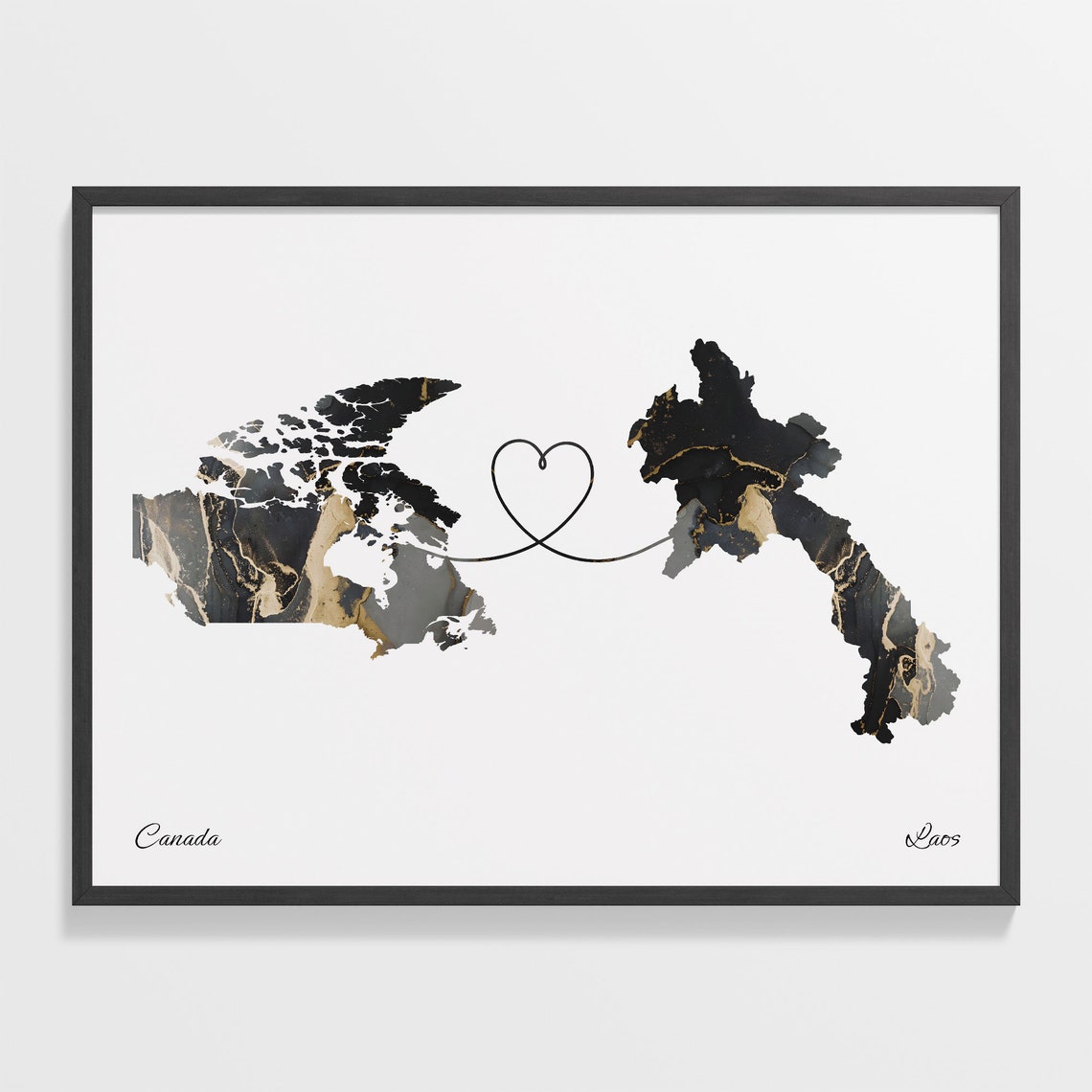 Canada to Laos Black Gold Marble Heart Connection Map Poster