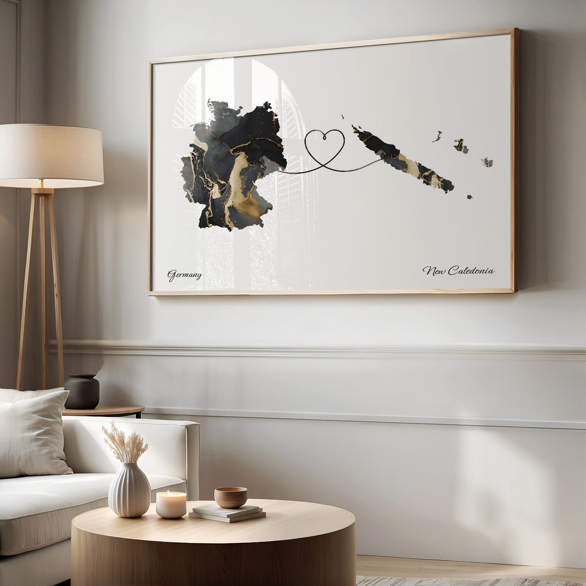 Germany to New Caledonia Black Gold Marble Heart Map Art Poster - Image 2