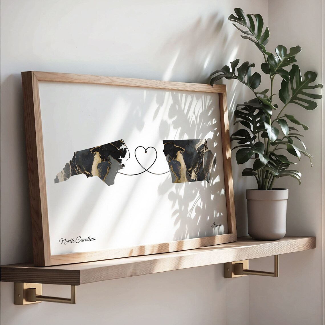 North Carolina Iowa Long Distance Love Black Gold Marble Map Poster - Image 3