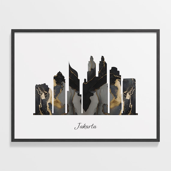 Jakarta Indonesia Marble Skyline Black Gold Minimalist Cityscape Poster