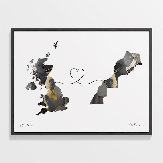 Britain to Morocco Marble Heart Map Print Long Distance Couple Gift