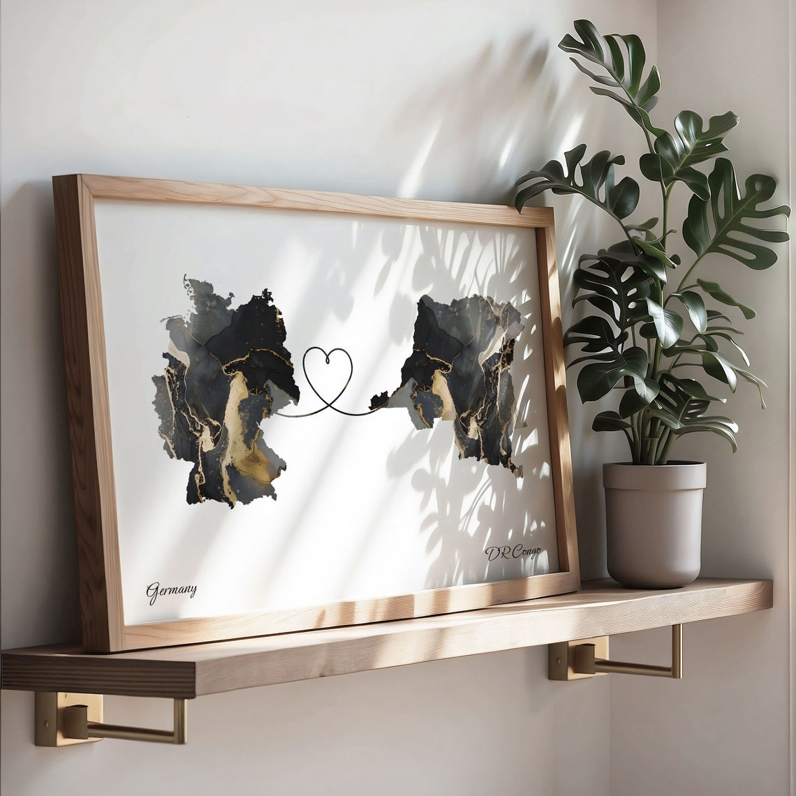 Germany and DR Congo Marble Heart Connected Countries Map Poster - Image 3