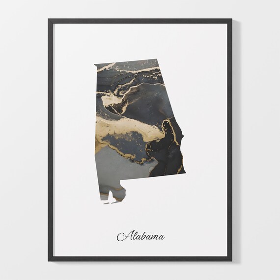 Alabama Black And Gold Marble Map Minimalist Elegant Art Poster
