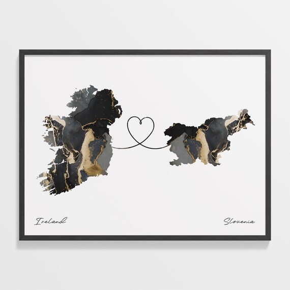 Ireland To Slovenia Modern Marble Effect Two Country Heart Map Poster