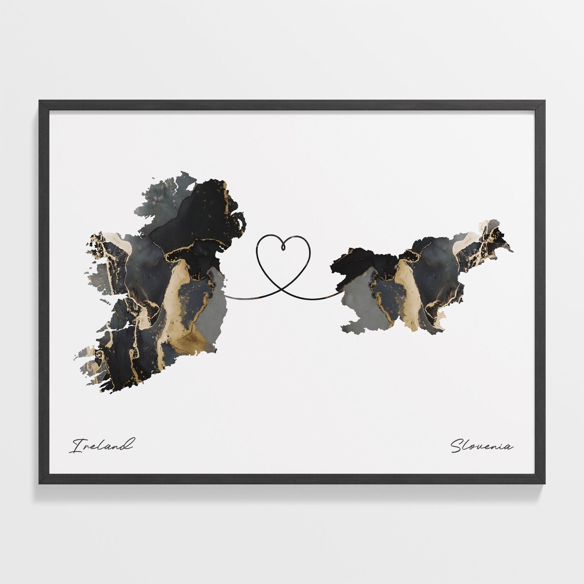 Ireland To Slovenia Modern Marble Effect Two Country Heart Map Poster