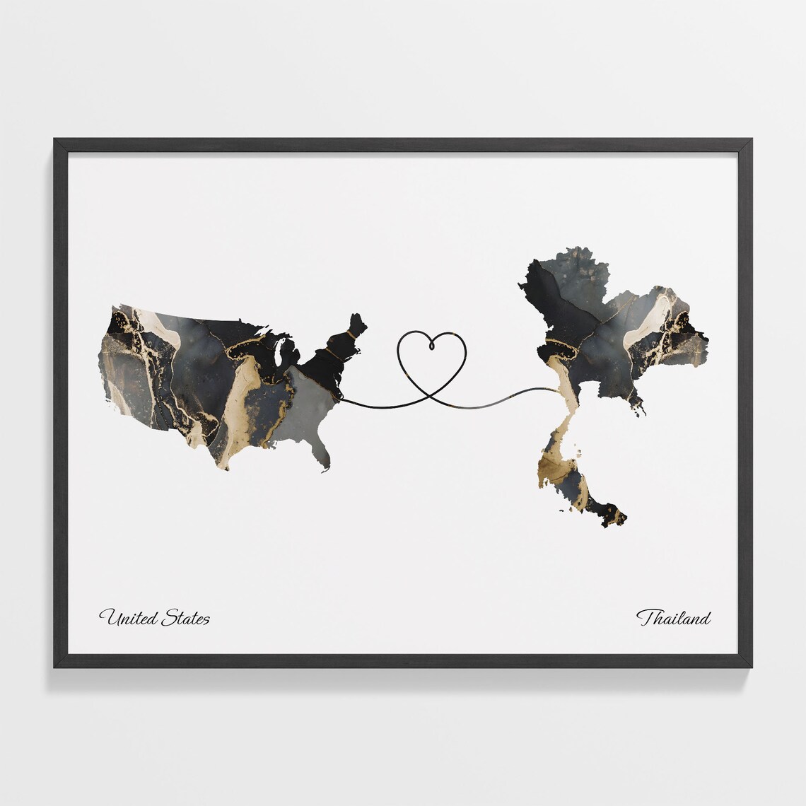 United States to Thailand Heart Connected Long Distance Marble Map Poster