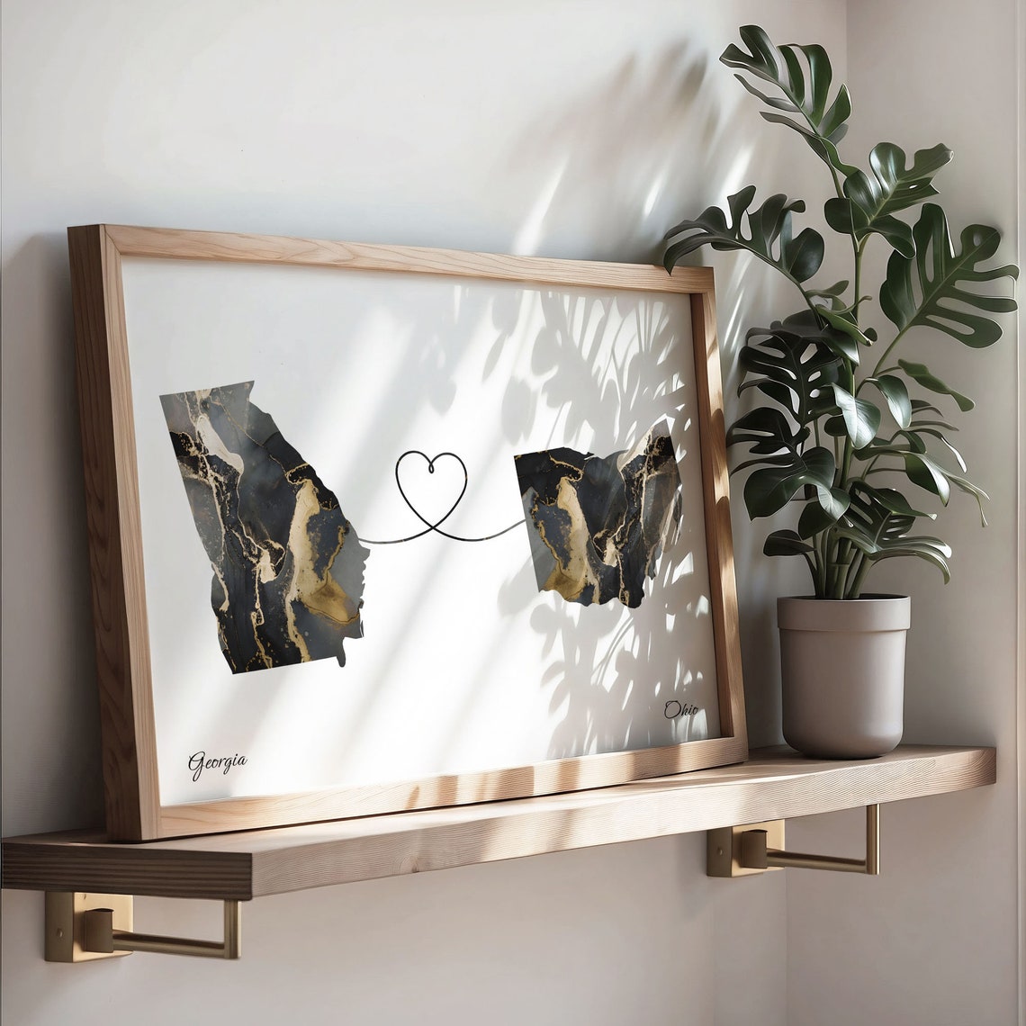 Georgia Ohio Long Distance Black Gold Marble Heart Map Poster - Image 3