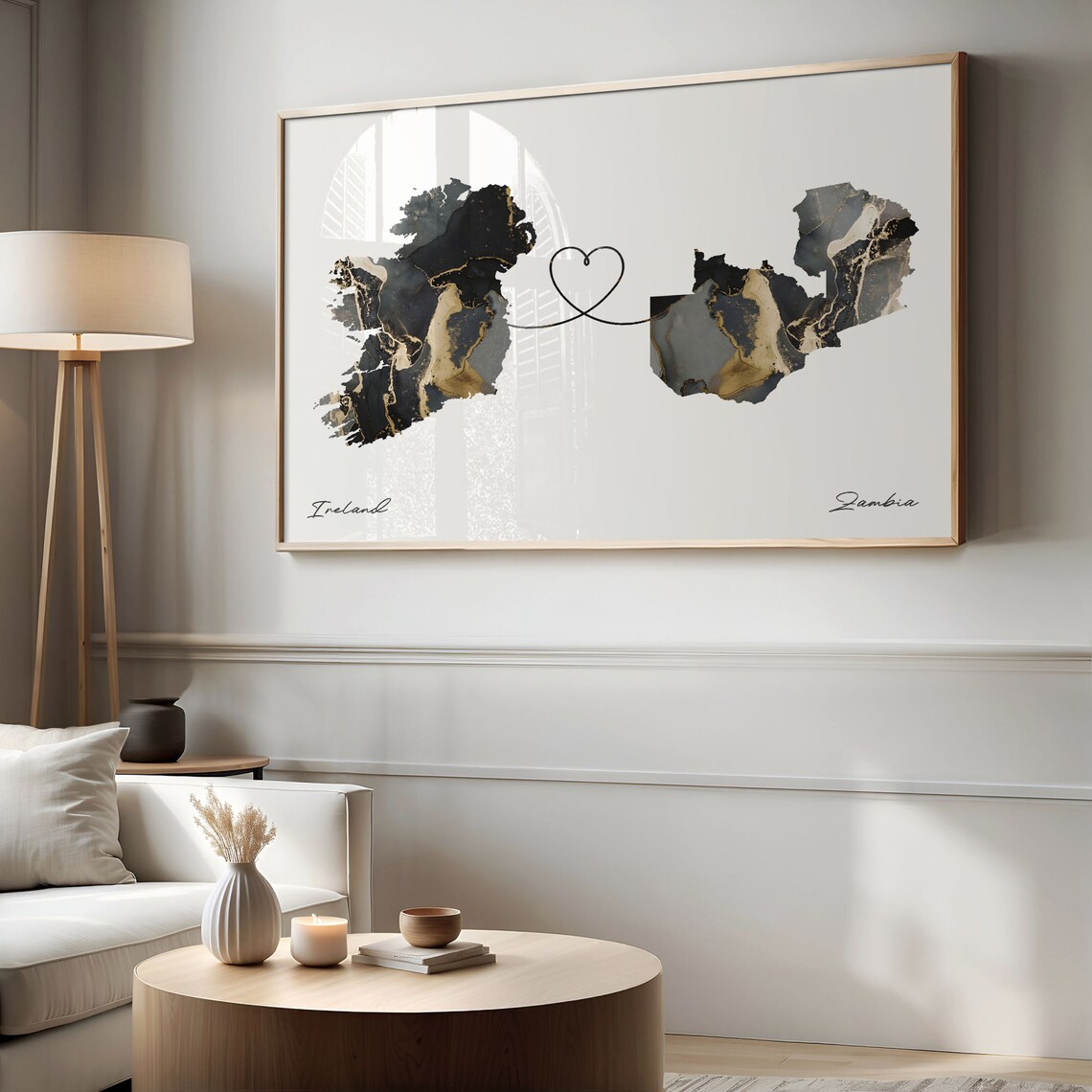 Ireland to Zambia Black Gold Marble Map Heart Line Art Poster - Image 2