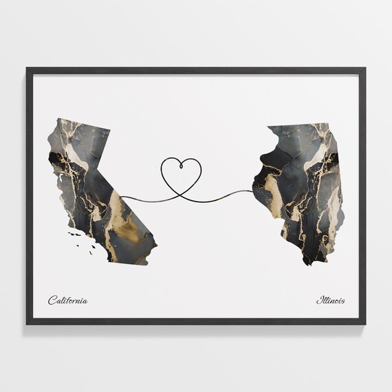 California and Illinois Black and Gold Marble Two States Map Poster