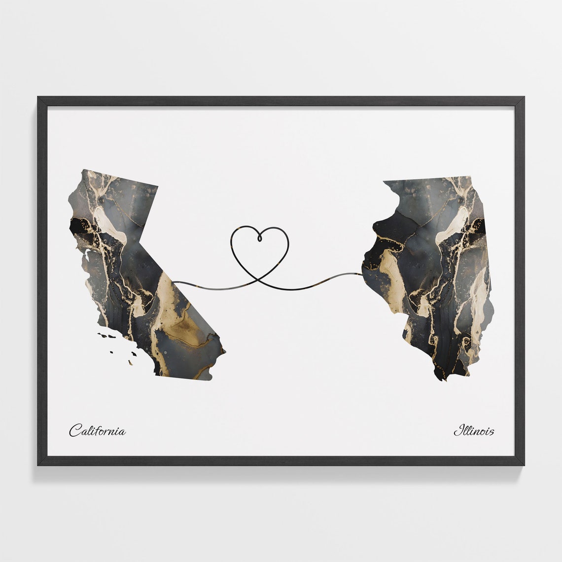California and Illinois Black and Gold Marble Two States Map Poster