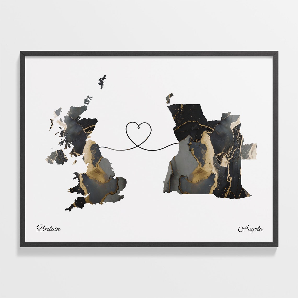 Britain to Angola Marble Heart Map Print Long Distance Couple Gift
