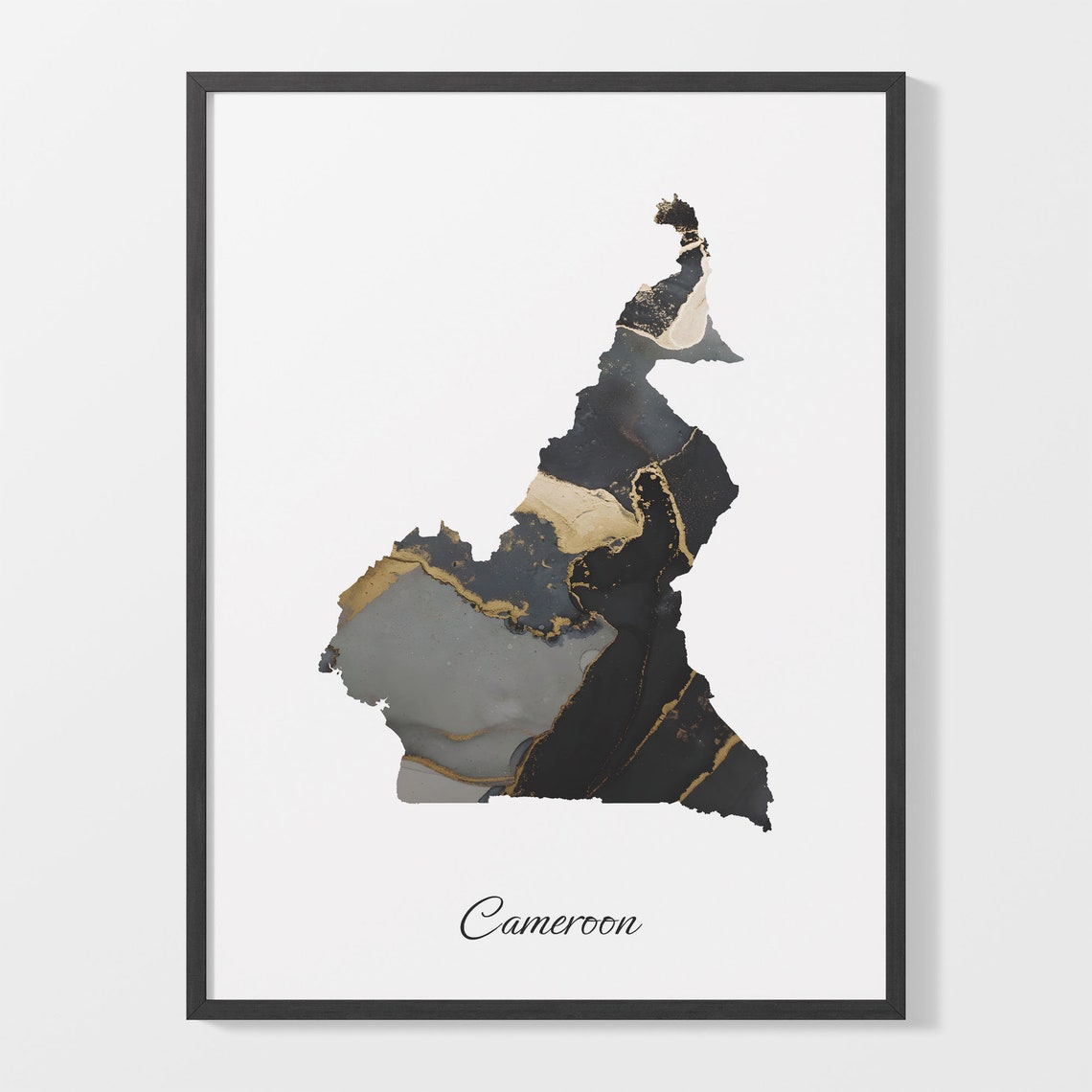 Cameroon Elegant Country Map Black Gold Marble Minimalist Poster
