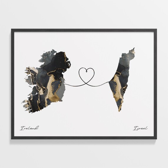 Ireland Israel Long Distance Love Black Marble Heart Map Poster
