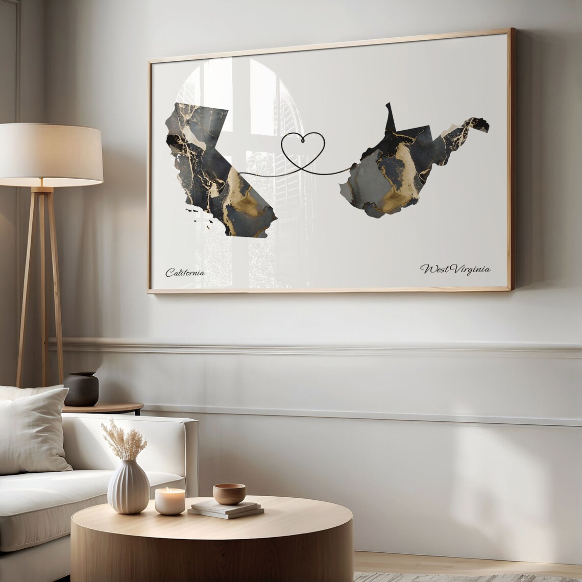 California to West Virginia Black Gold Marble Map Heart Line Art Poster - Image 2